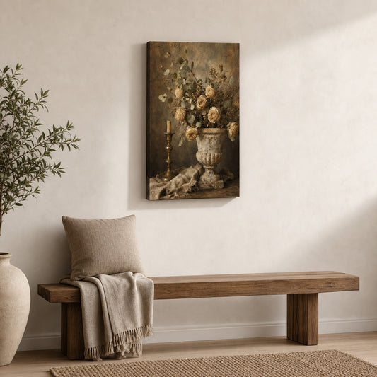 Vintage Botanical Stone Urn Still Life Canvas Wall Art — room scene