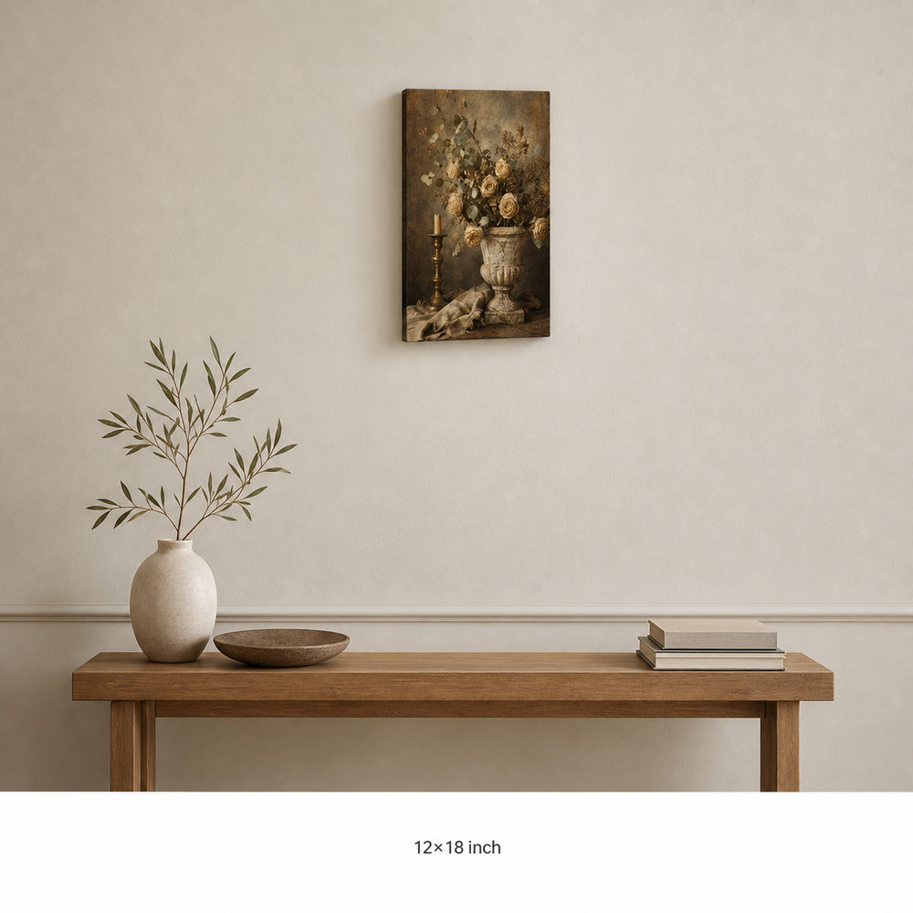 Vintage Botanical Stone Urn Still Life Canvas Wall Art — 12×18 room mockup