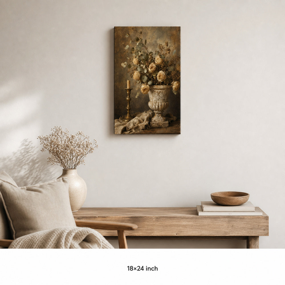 Vintage Botanical Stone Urn Still Life Canvas Wall Art — 18×24 room mockup