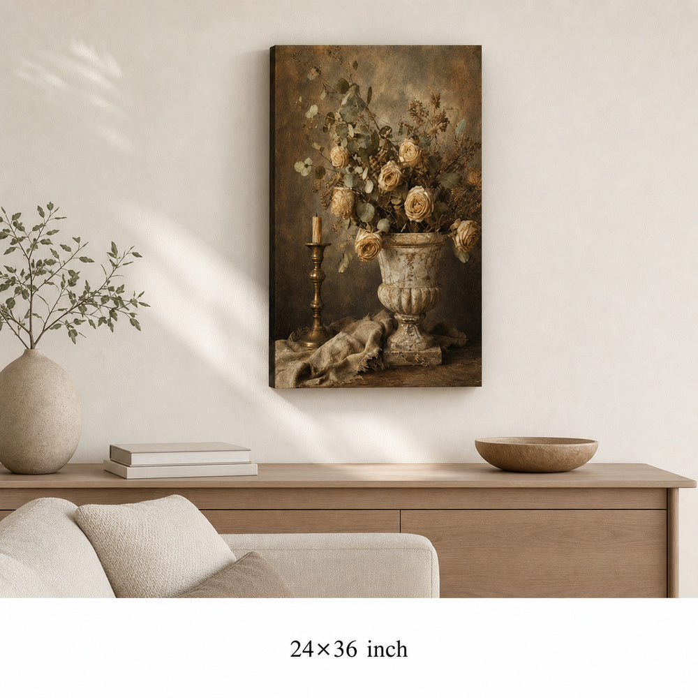 Vintage Botanical Stone Urn Still Life Canvas Wall Art — 24×36 room mockup