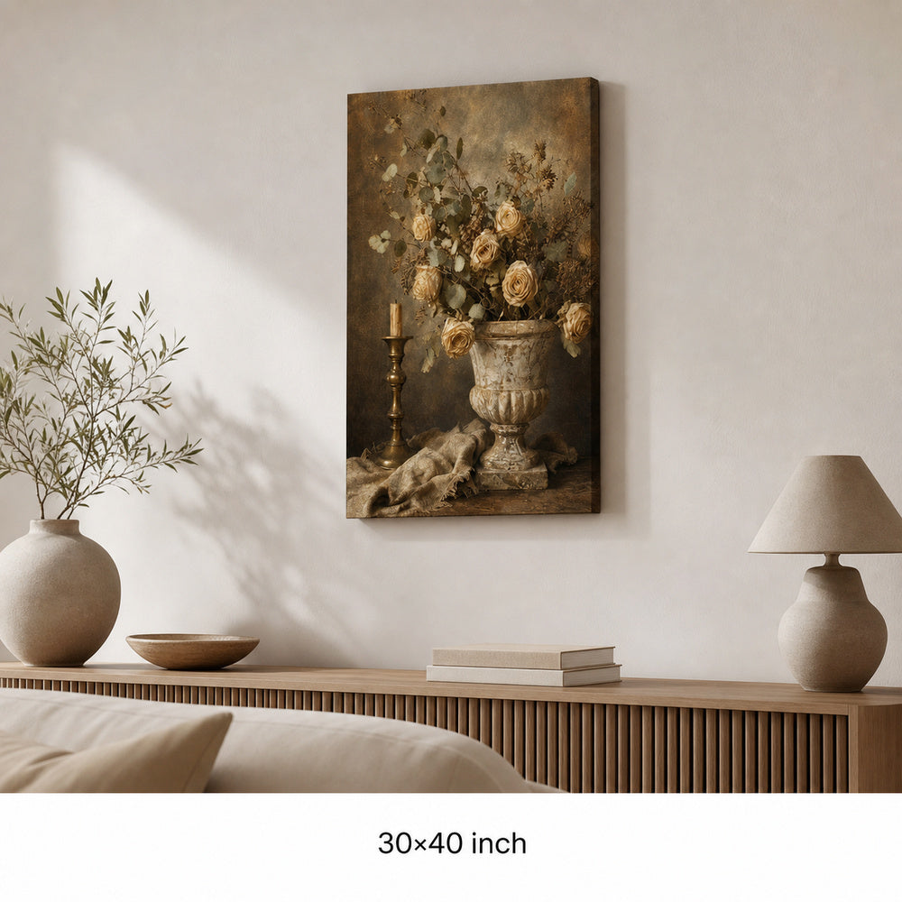 Vintage Botanical Stone Urn Still Life Canvas Wall Art — 30×40 room mockup