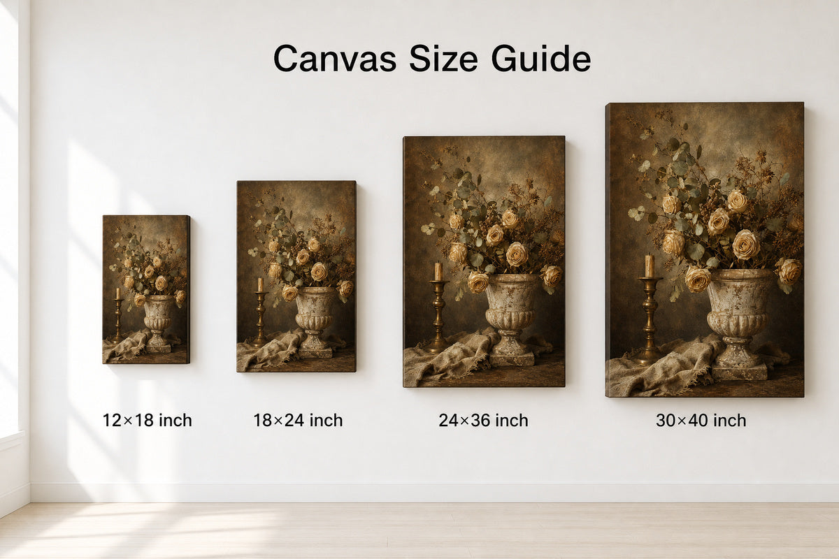 Vintage Botanical Stone Urn Still Life Canvas Wall Art - 08_size_comparison
