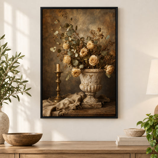 Vintage Botanical Stone Urn Still Life Canvas Wall Art | black_independent_close