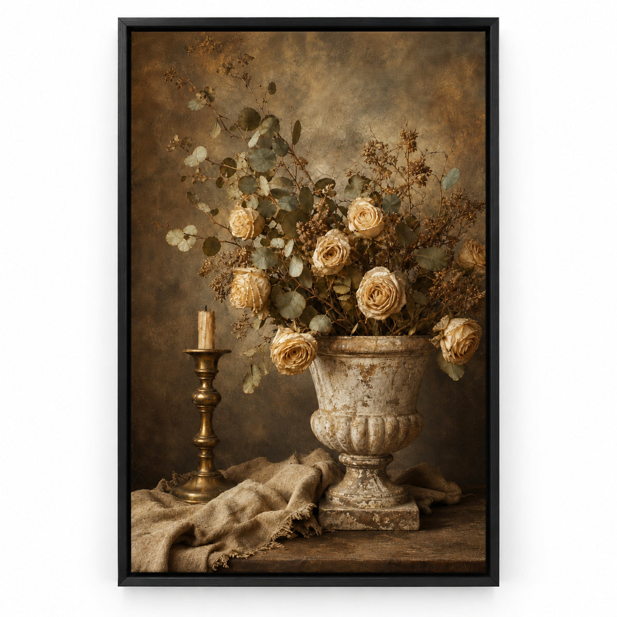 Vintage Botanical Stone Urn Still Life Canvas Wall Art | black_sku