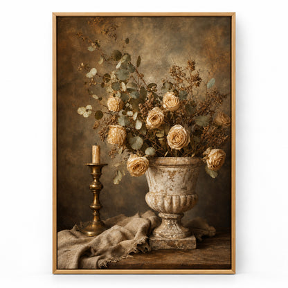 Vintage Botanical Stone Urn Still Life Canvas Wall Art | brown_sku