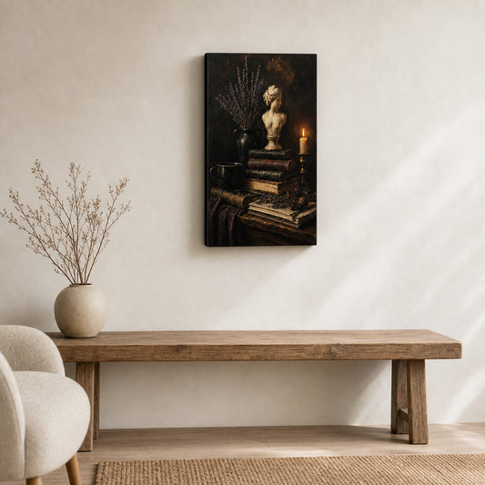 Dark Academia Books Candle Bust Still Life Canvas Wall Art — room scene