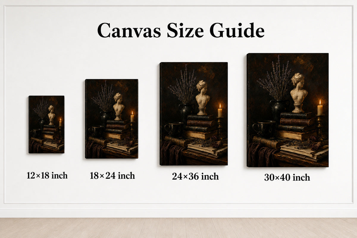 Dark Academia Books Candle Bust Still Life Canvas Wall Art - 08_size_comparison