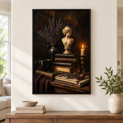 Dark Academia Books Candle Bust Still Life Canvas Wall Art | black_independent_close