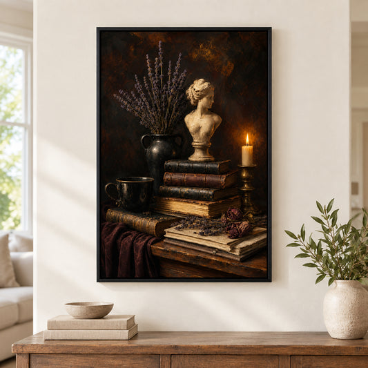 Dark Academia Books Candle Bust Still Life Canvas Wall Art | black_independent_close