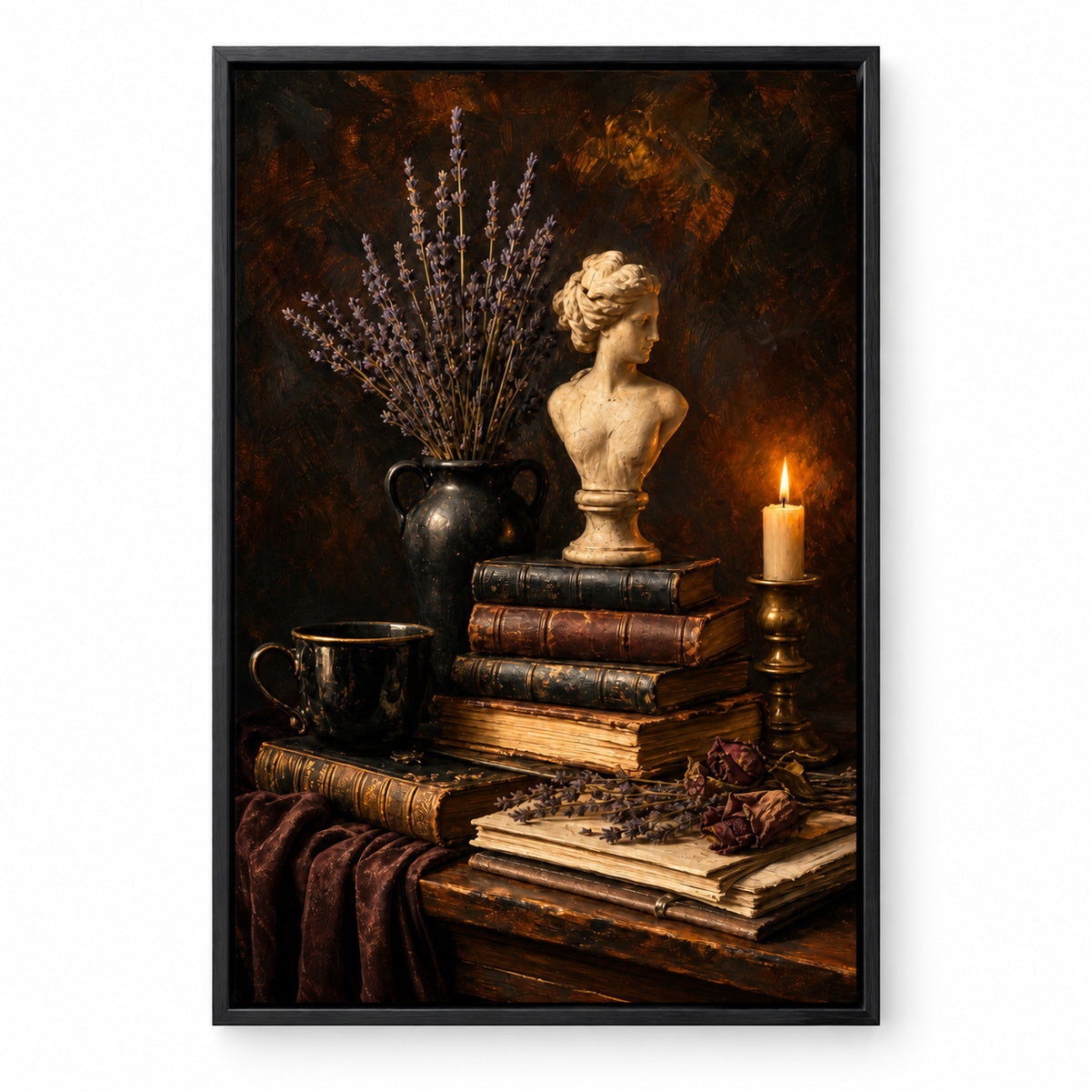 Dark Academia Books Candle Bust Still Life Canvas Wall Art | black_sku