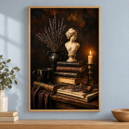 Dark Academia Books Candle Bust Still Life Canvas Wall Art | brown_independent_close