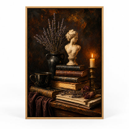 Dark Academia Books Candle Bust Still Life Canvas Wall Art | brown_sku