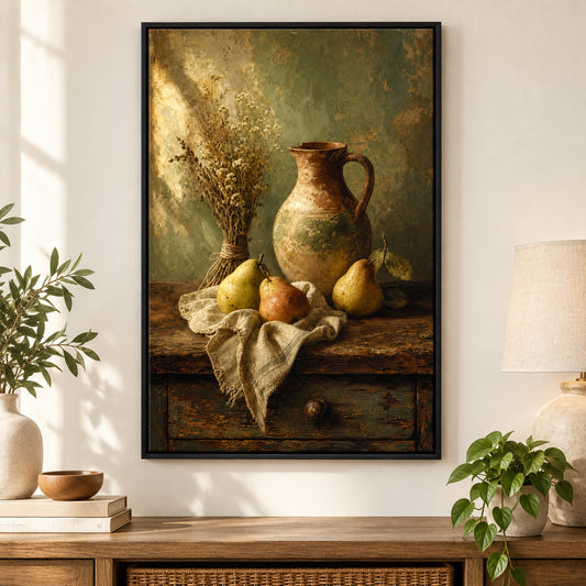 Rustic Kitchen Pear Crock Still Life Canvas Wall Art | black_independent_close