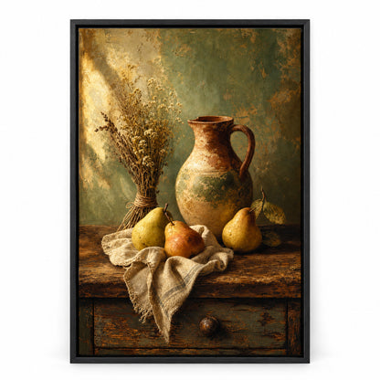 Rustic Kitchen Pear Crock Still Life Canvas Wall Art | black_sku