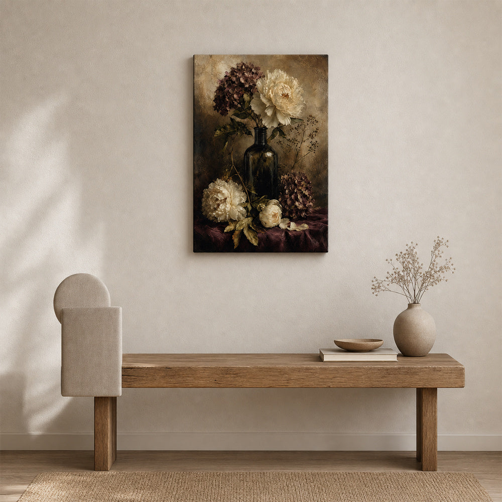 Antique Floral Hydrangea Peony Still Life Canvas Wall Art - 02_wall_scene