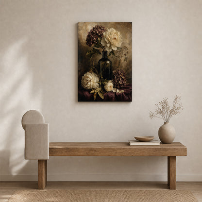 Antique Floral Hydrangea Peony Still Life Canvas Wall Art - 02_wall_scene