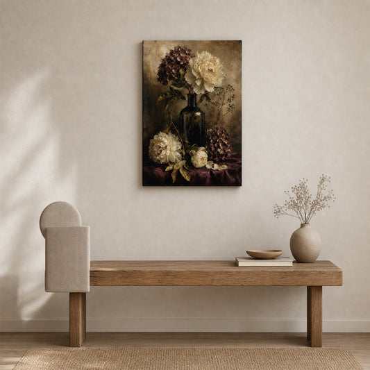 Antique Floral Hydrangea Peony Still Life Canvas Wall Art — room scene