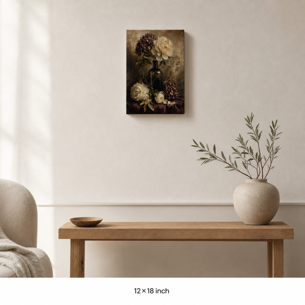 Antique Floral Hydrangea Peony Still Life Canvas Wall Art — 12×18 room mockup
