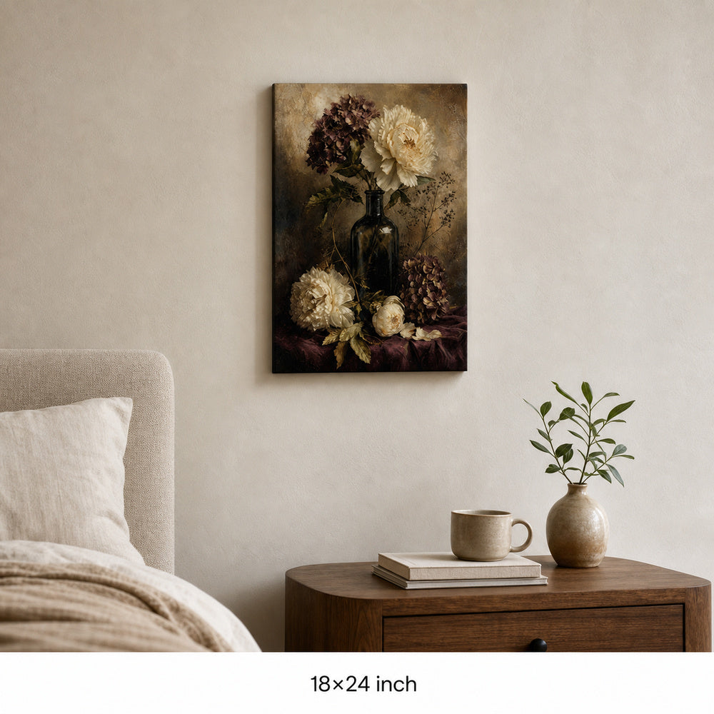 Antique Floral Hydrangea Peony Still Life Canvas Wall Art — 18×24 room mockup