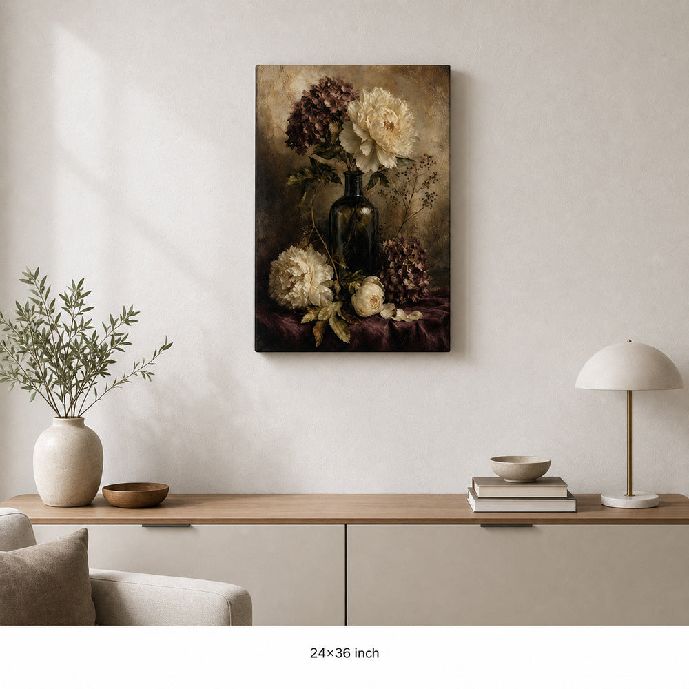 Antique Floral Hydrangea Peony Still Life Canvas Wall Art — 24×36 room mockup