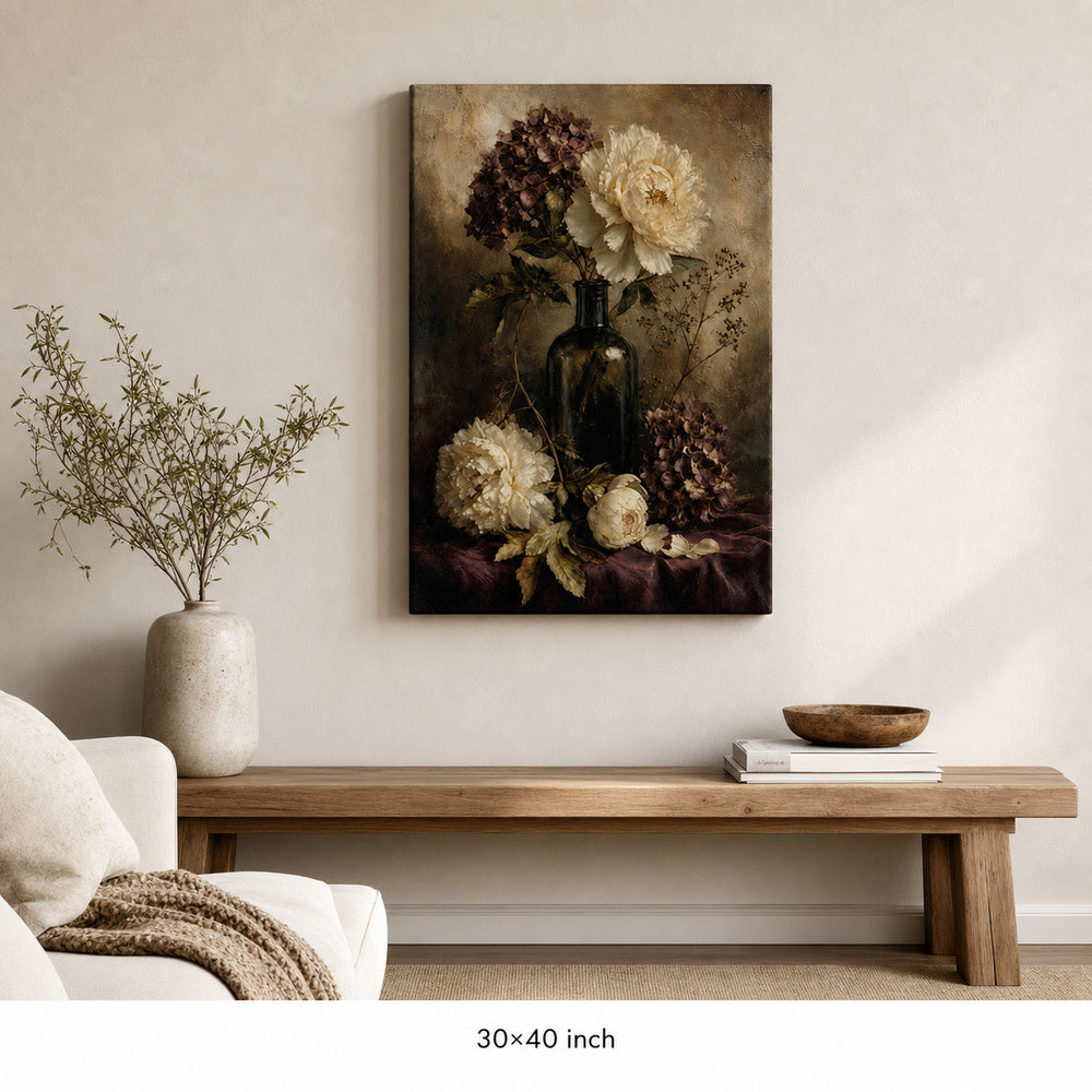 Antique Floral Hydrangea Peony Still Life Canvas Wall Art — 30×40 room mockup