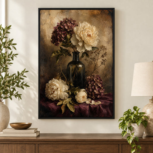 Antique Floral Hydrangea Peony Still Life Canvas Wall Art | black_independent_close