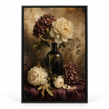 Antique Floral Hydrangea Peony Still Life Canvas Wall Art | black_sku