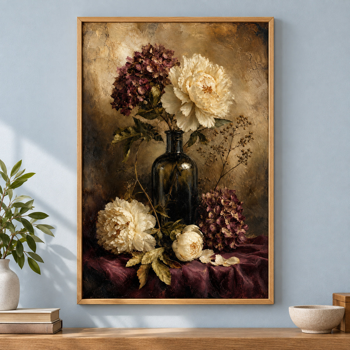 Antique Floral Hydrangea Peony Still Life Canvas Wall Art | brown_independent_close