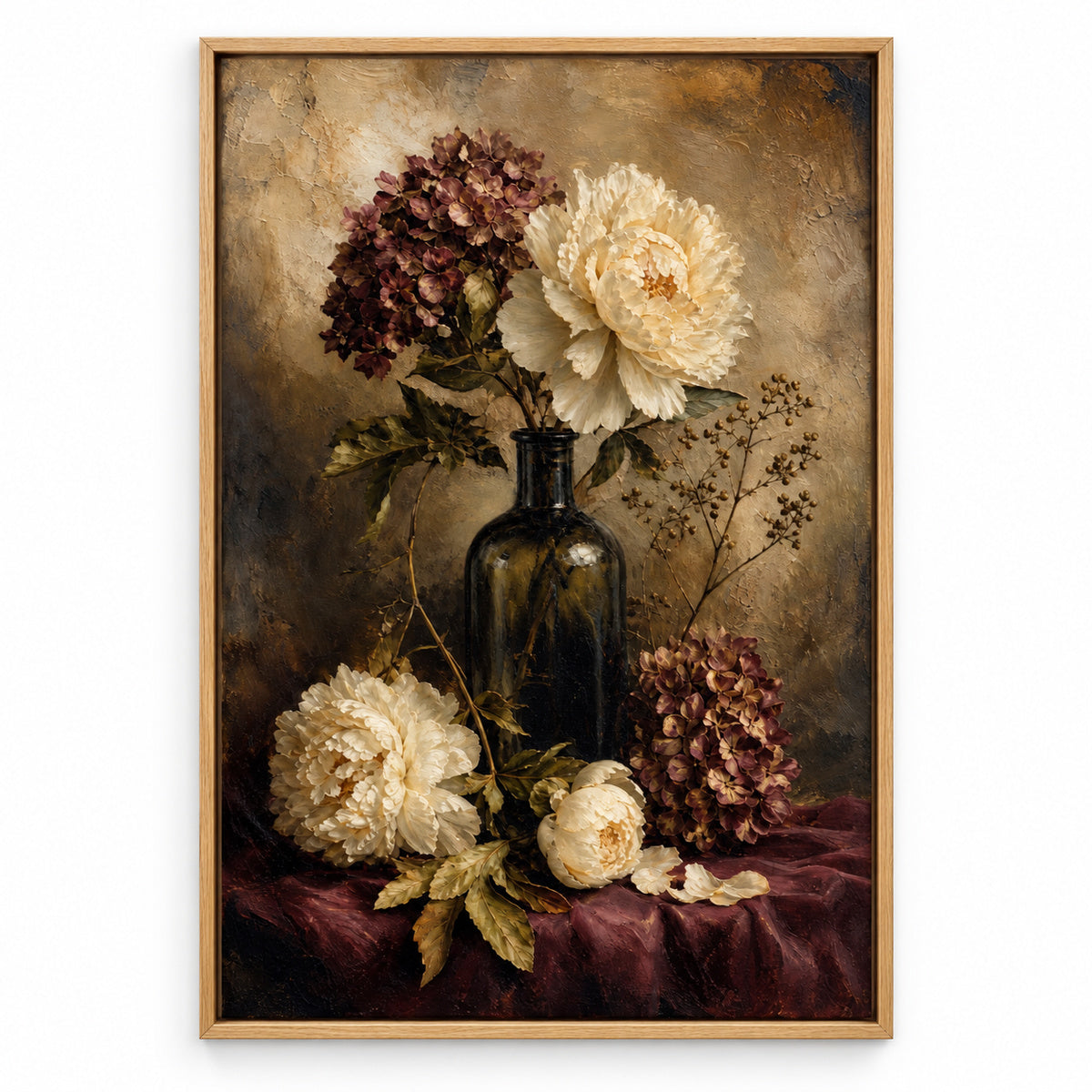 Antique Floral Hydrangea Peony Still Life Canvas Wall Art | brown_sku