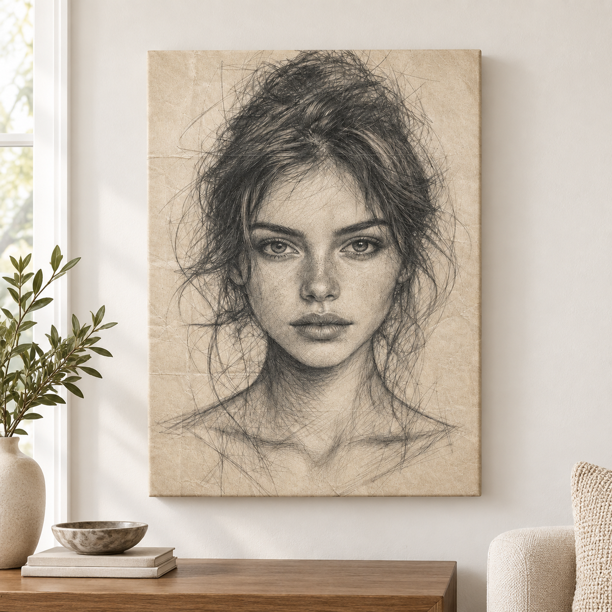 Pencil Front Female Portrait Floater Frame Canvas Wall Art | frameless close wall hero