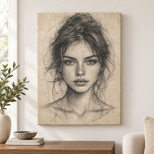 Pencil Front Female Portrait Floater Frame Canvas Wall Art | frameless close wall hero