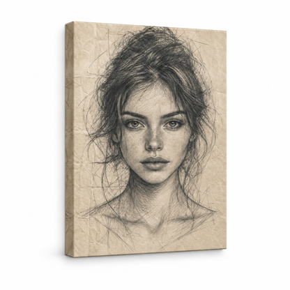 Pencil Front Female Portrait Floater Frame Canvas Wall Art | frameless stretched canvas SKU