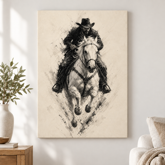 Minimal Black White Cowboy Horse Floater Frame Canvas Wall Art | frameless close wall hero