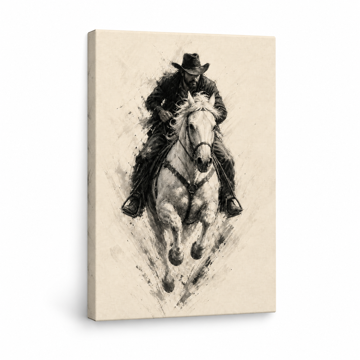 Minimal Black White Cowboy Horse Floater Frame Canvas Wall Art | frameless stretched canvas SKU