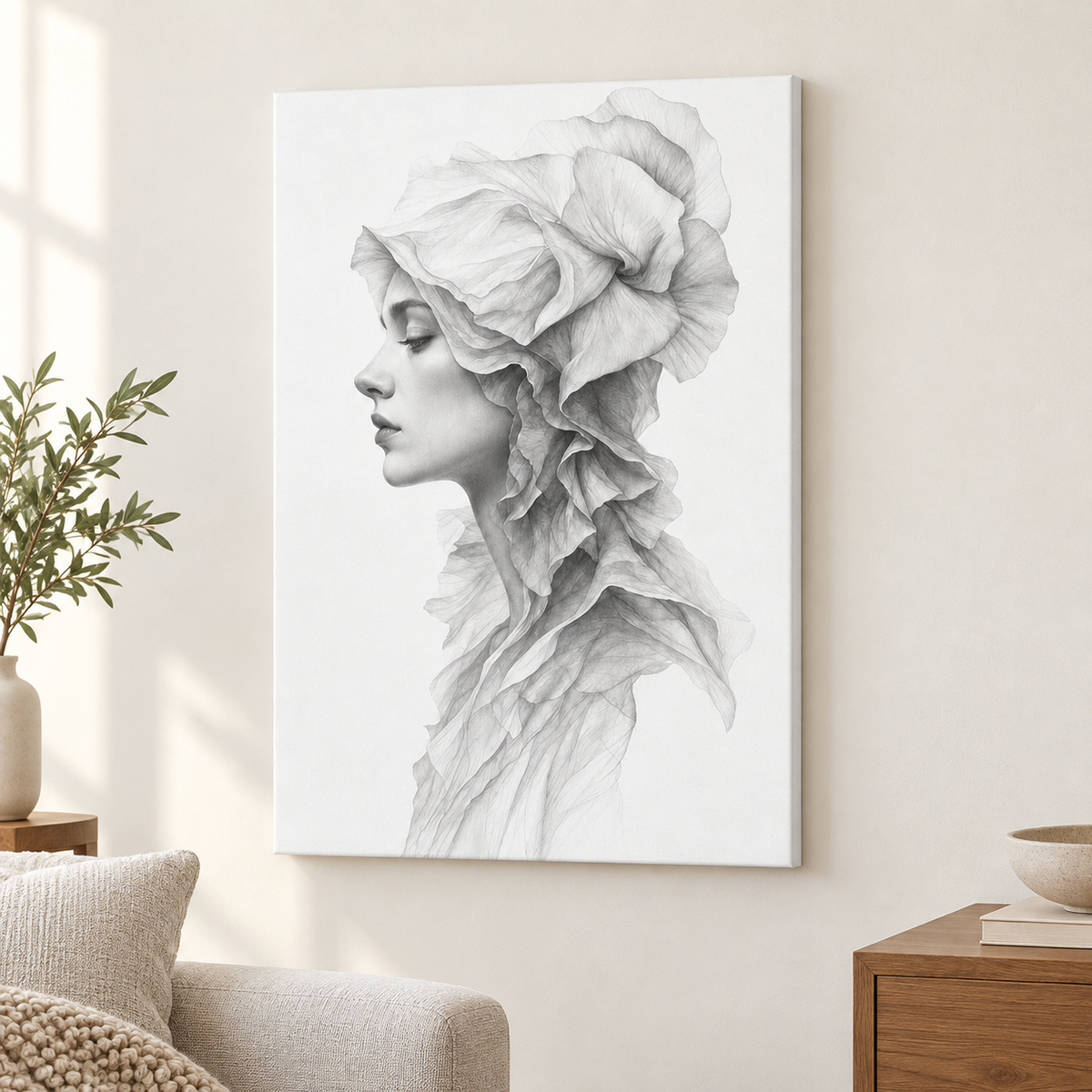 Surreal Side Female Fabric Pencil Floater Frame Canvas Wall Art | frameless close wall hero