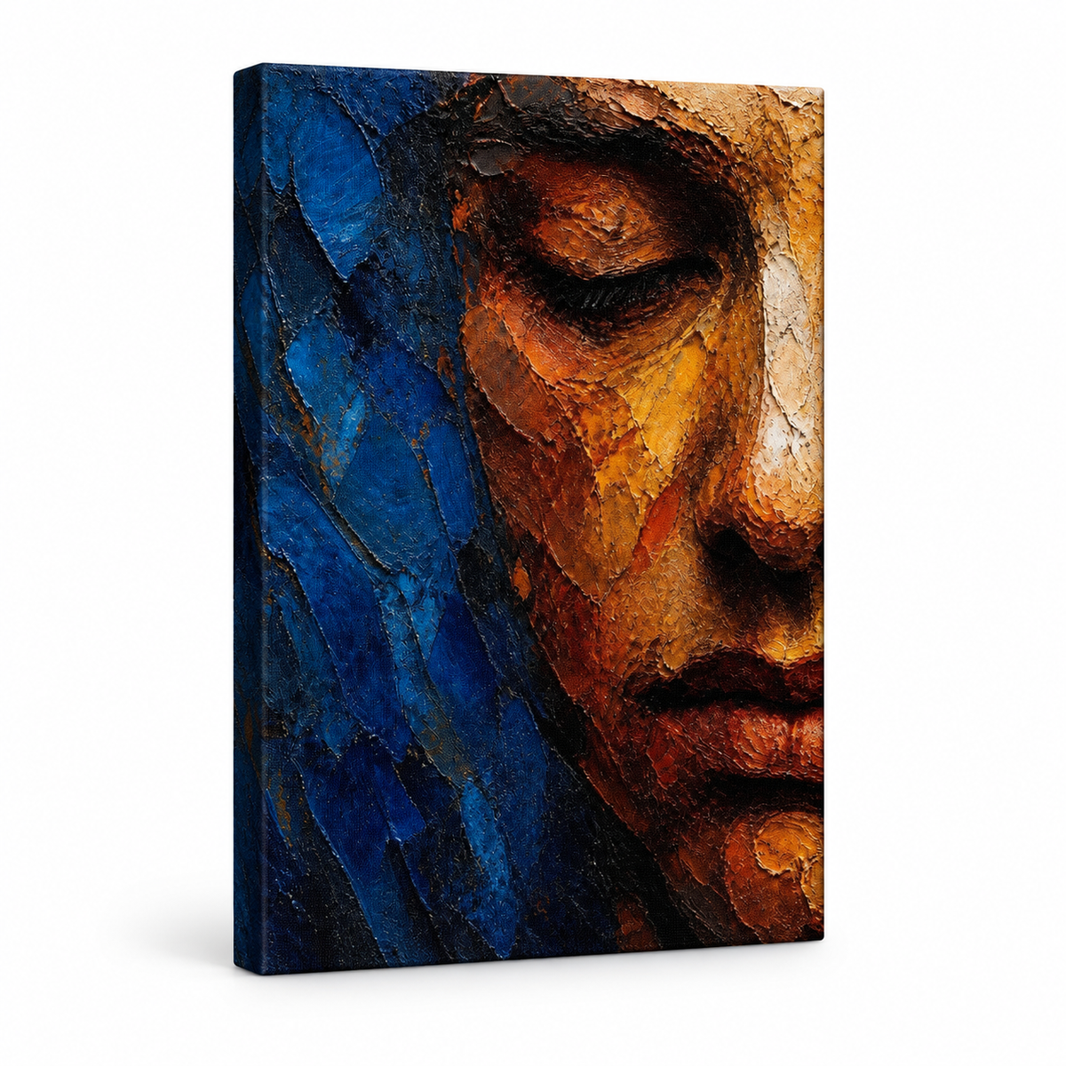 Abstract Impasto Face Blue Ochre Floater Frame Canvas Wall Art | frameless stretched canvas SKU