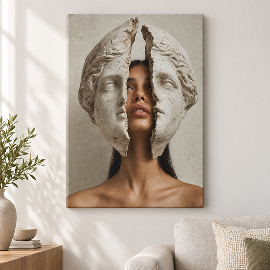 Cracked Marble Mask Fashion Portrait Floater Frame Canvas Wall Art | frameless close wall hero