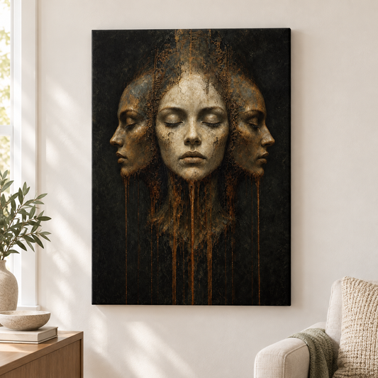 Three Faces Dark Surreal Oil Portrait Floater Frame Canvas Wall Art | frameless close wall hero