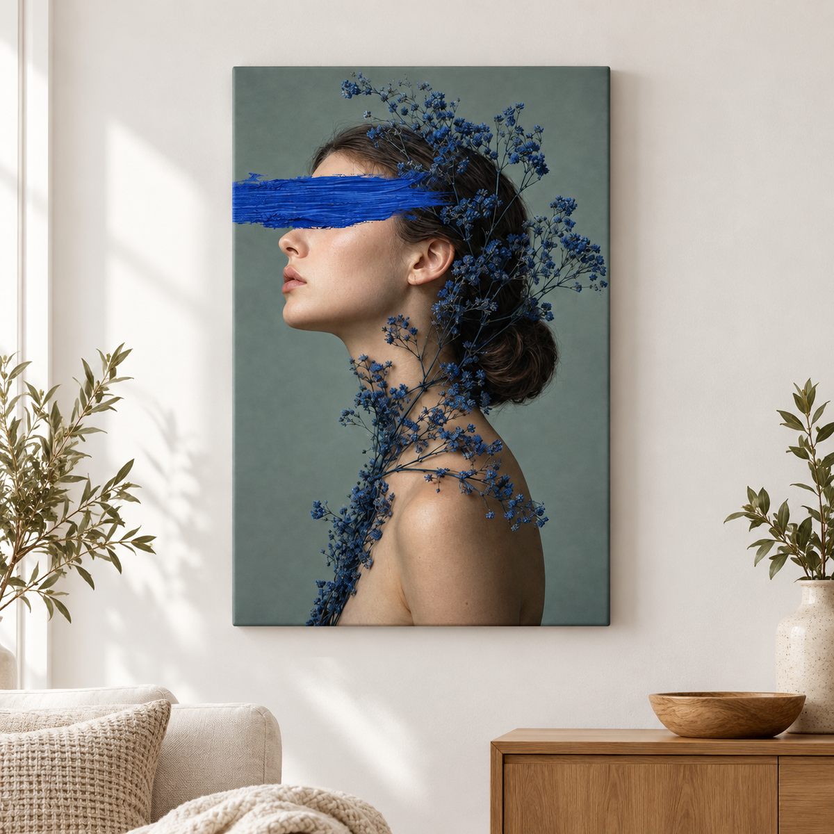 Blue Paint Blindfold Profile Portrait Floater Frame Canvas Wall Art | frameless close wall hero