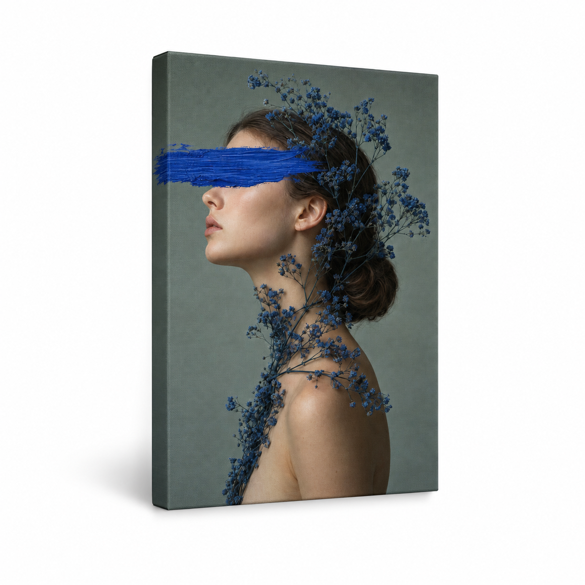 Blue Paint Blindfold Profile Portrait Floater Frame Canvas Wall Art | frameless stretched canvas SKU