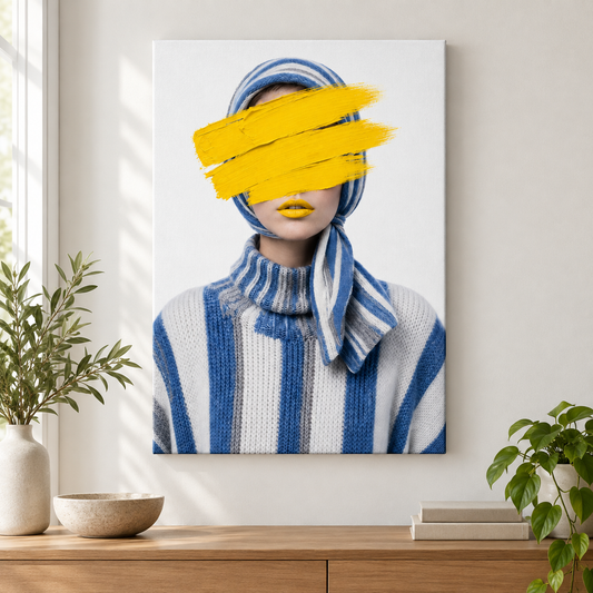 Yellow Paint Striped Knit Fashion Portrait Floater Frame Canvas Wall Art | frameless close wall hero