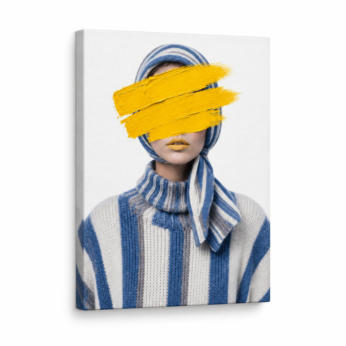 Yellow Paint Striped Knit Fashion Portrait Floater Frame Canvas Wall Art | frameless stretched canvas SKU