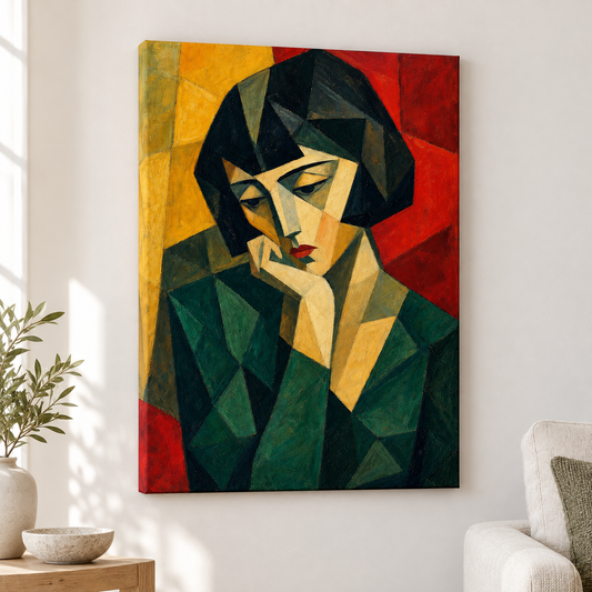 Cubist Woman Bob Green Red Yellow Floater Frame Canvas Wall Art | frameless close wall hero