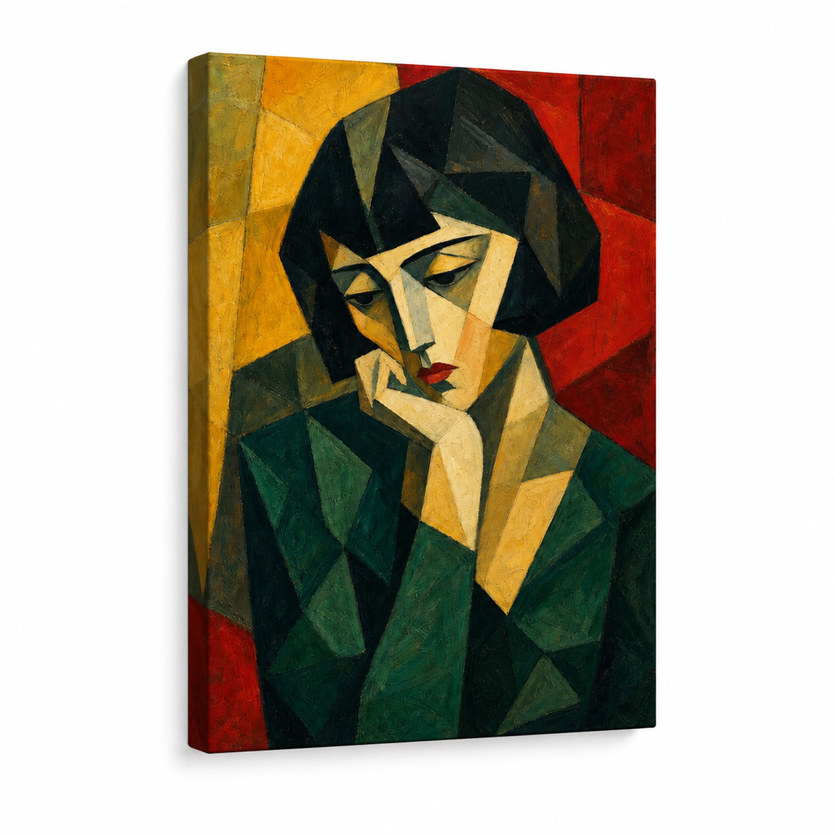 Cubist Woman Bob Green Red Yellow Floater Frame Canvas Wall Art | frameless stretched canvas SKU