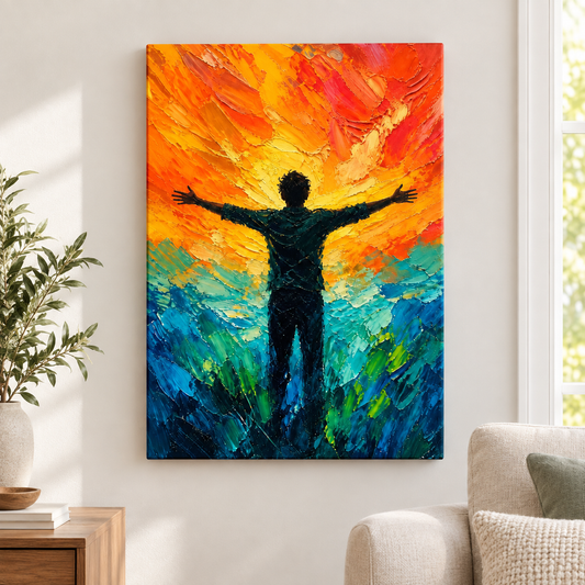 Silhouette Arms Open Sunset Turquoise Floater Frame Canvas Wall Art | frameless close wall hero