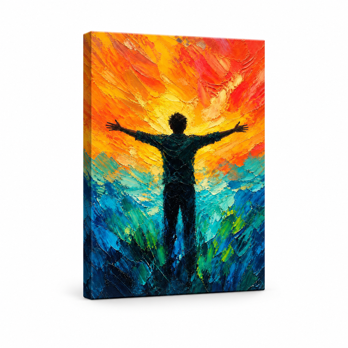 Silhouette Arms Open Sunset Turquoise Floater Frame Canvas Wall Art | frameless stretched canvas SKU