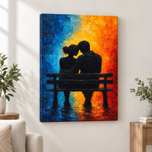 Couple Silhouette Bench Cold Warm Impasto Floater Frame Canvas Wall Art | frameless close wall hero