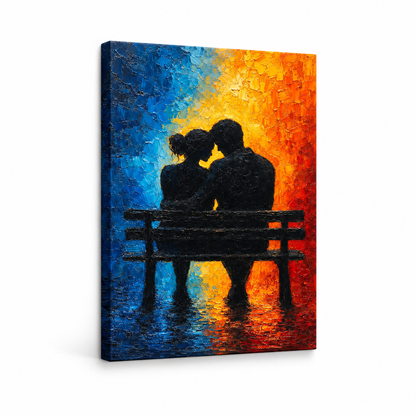 Couple Silhouette Bench Cold Warm Impasto Floater Frame Canvas Wall Art | frameless stretched canvas SKU