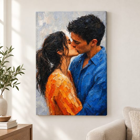 Kissing Couple Orange Blue Impasto Floater Frame Canvas Wall Art | frameless close wall hero