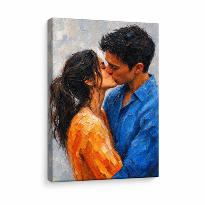 Kissing Couple Orange Blue Impasto Floater Frame Canvas Wall Art | frameless stretched canvas SKU